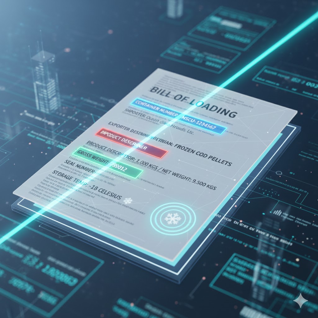 Bill of Lading document with highlighted fields